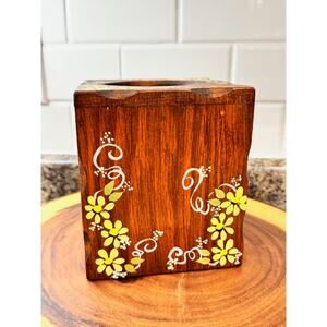 VTG Solid Wood Square Tissue Kleenex Box Cover w/hand painted Flowers Boho